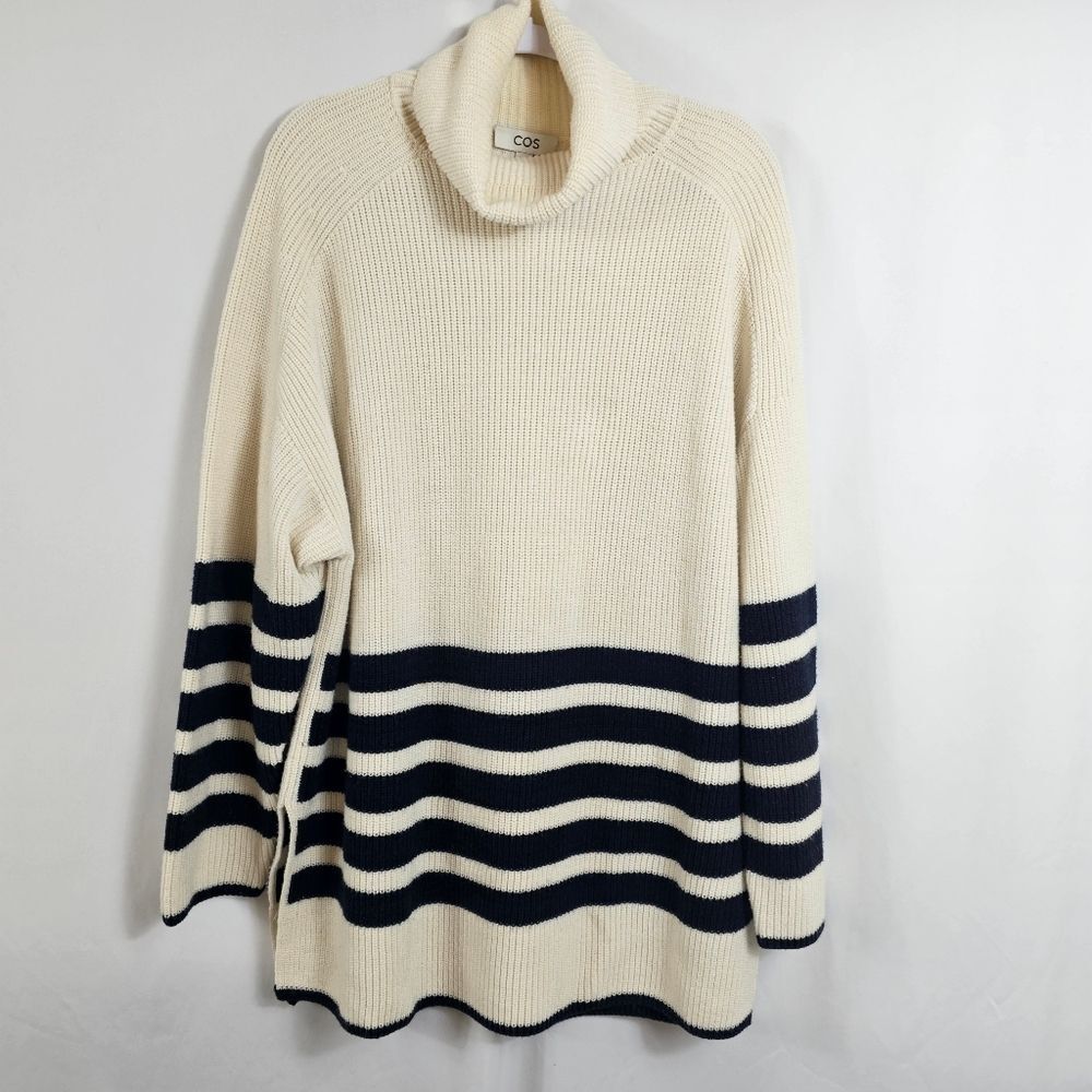 COS Roll Neck Wool Blend Sweater in Black and White Stripe - Size L